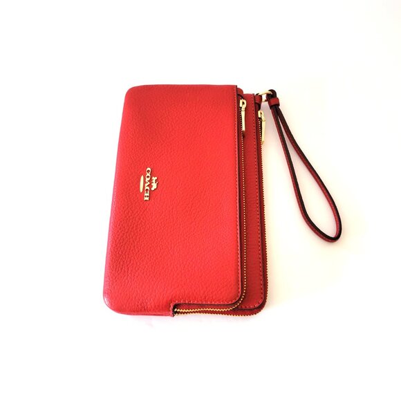 Coach CU919 Pebbled Leather Double Zip Wallet Clutch Wristlet True Red - Picture 5 of 8